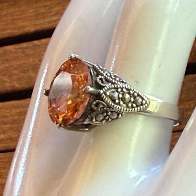 Vintage Sterling Silver Orange CZ & Marcasite Size 8 Ring - 6.5 Grams