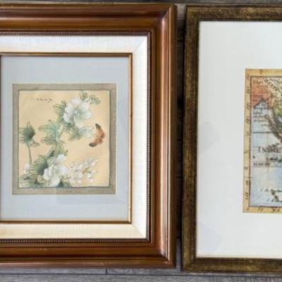 (3) Vintage Oriental Prints - Map, Flowers, And Cranes