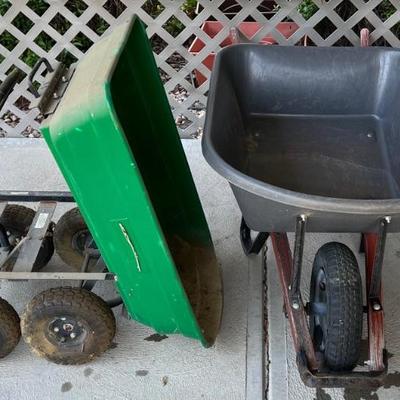 Tru Temper Full Size Wheel Barrow And A Green Utility Dump Cart (as Is)