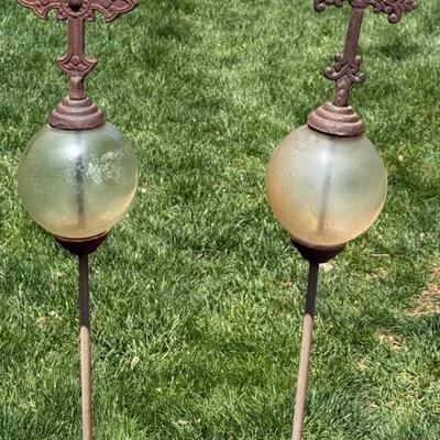 (2) Metal And Glass Ball Yard Art Posts