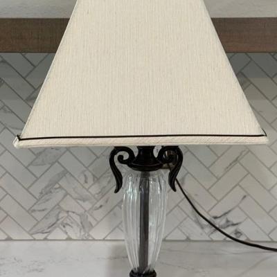 Metal And Glass Lamp With White And Brown Shade