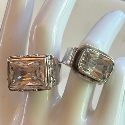 (2) Sterling Silver And Large Faceted Clear Stone Rings Size 8-8.5 Weight 26.5 Grams