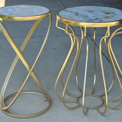 (2) Ross Gold Tone Metal And Stone Top Plant Stands