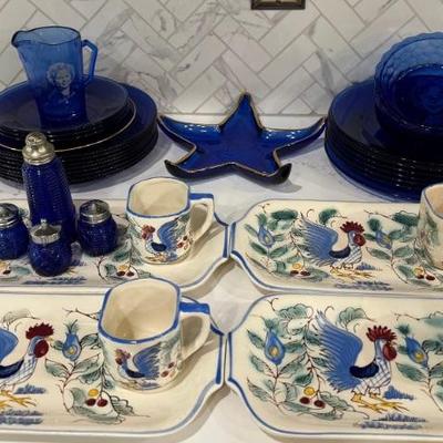 Set Of (4) Hand Painted Nasco Japan Snack Trays With Cups, And Cobalt Blue Dishware