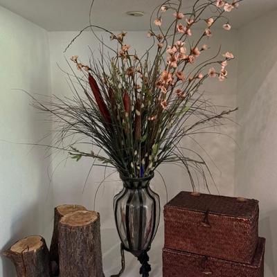 Home Decor - Woven Boxes, Glass Vase, And 3 Logs