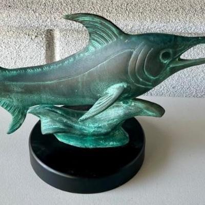 19" Brass Marlin Sculpture With Wood Base And Patina Finish