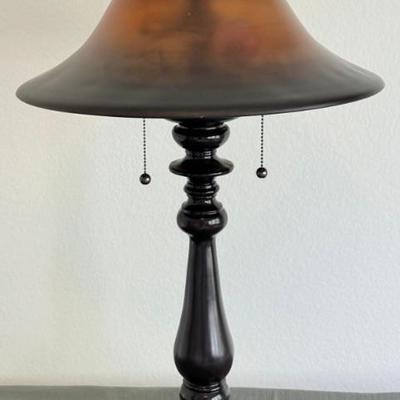 Black Wood Double Pull Lamp With An Amber And Black Glass Shade 