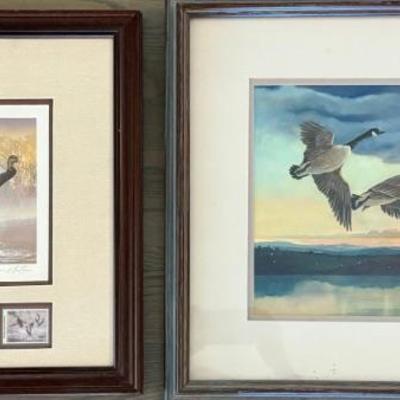 Print And Stamp Ducks Unlimited The Good Path By David Bollman 1997, & Original Barbara May Ducks Watercolor
