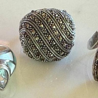 (3) Sterling Silver Mother Of Pearl - Topaz & Marcasite Rings (2) As Is - 30.9 Grams