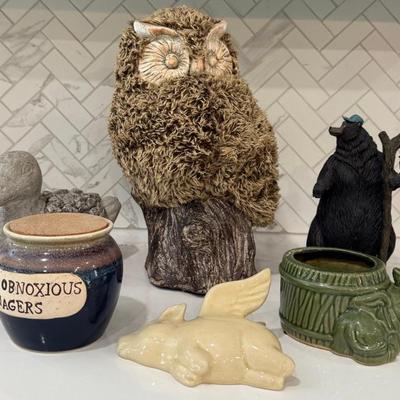 Furry Owl, Resin Bear, Cement Duck Door Stop, Elephant Planter, And More