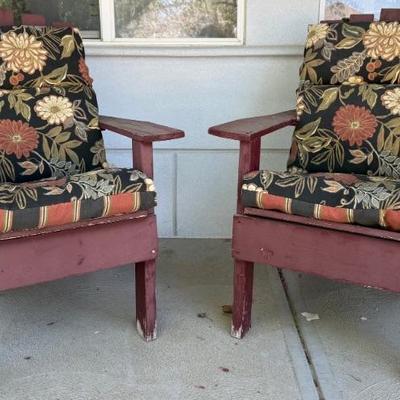 Pair Of Vintage Wood Red Adironback Chairs With Cushions (as Is)