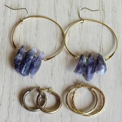 (2) Pairs Of Gold Wash Sterling Silver Hoops & (1) Pair Of Gold Tone Hoops With Raw Amethyst 