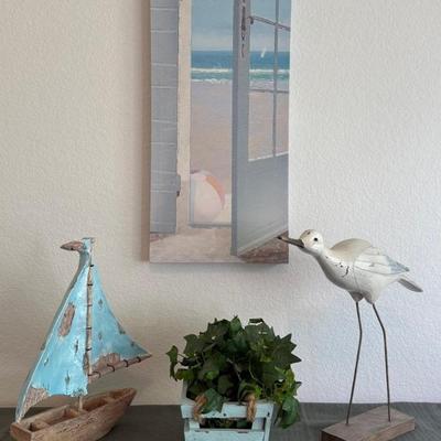 Nautical Theme Decor - Wood Boat, Wood And Metal Bird, Beach Canvas Print, Faux Plant
