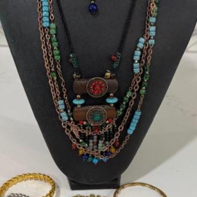 (2) Boho Bead Metal And Wood Necklaces And (6) Bracelets - Alex And Ani, Rhinestone, Charms, And More