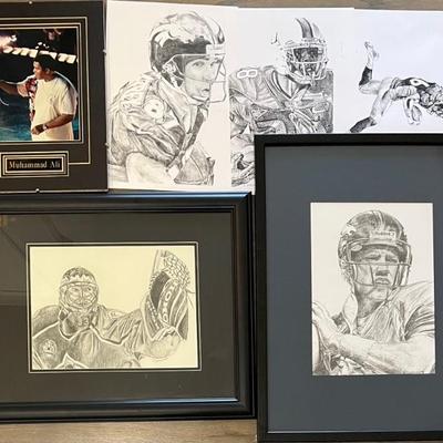 (5) Assorted Sport Prints - Muhammad Ali, Olympic Torch, Avalanche, Broncos, And Dolphins
