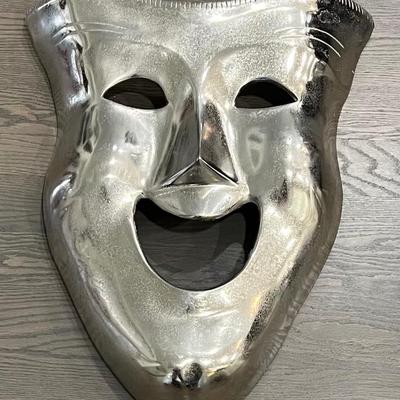 Silver 19.5" X 23" Metal Theatre Mask Sculpture 