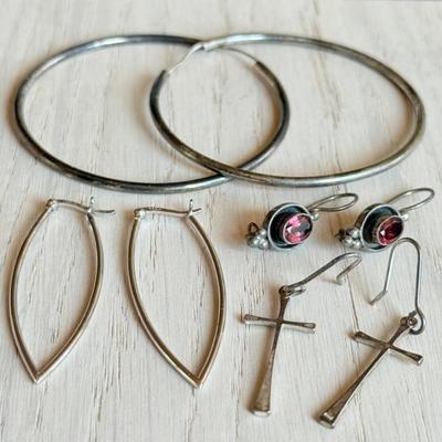 (4) Pairs Of Sterling Silver Earrings - Large Hoops - Garnet Wire - Crosses - Total Weight 14.1 Grams 