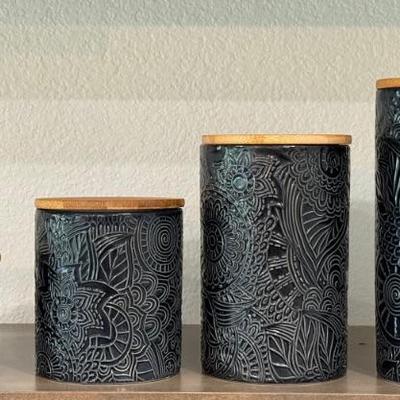 (4) Piece American Atelier Ceramic Embossed Blue Cannister Set With Wood Lids