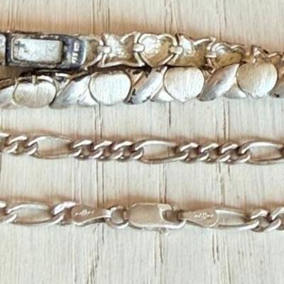 (2) Sterling Silver Bracelets  (1) 7.5 Inch Chain Link & (1) 7 Inch X & O's Link - Total Weight 14 Grams 