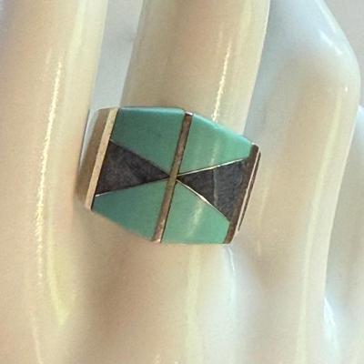 Vintage Mexico Sterling Silver & Turquoise Inlay Ring Size 10 - 13.3 Grams
