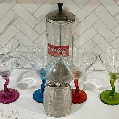 Vintage Coca-cola Glass Straw Holder With (4) Art Glass Martini Glasses, And A Jack Daniels Stainless Flask