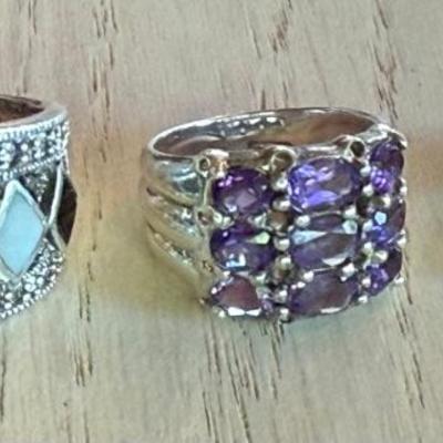 (3) Sterling Silver Rings - Amethyst - Onyx & Mother Of Pearl & Marcasite Size 7  - 19.1 Grams