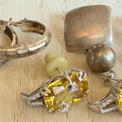 (3) Pairs Of Sterling Silver Earrings - Orange Stone & Marcasite - Hoops & Squares W Ball - Weight 21.5 Grams