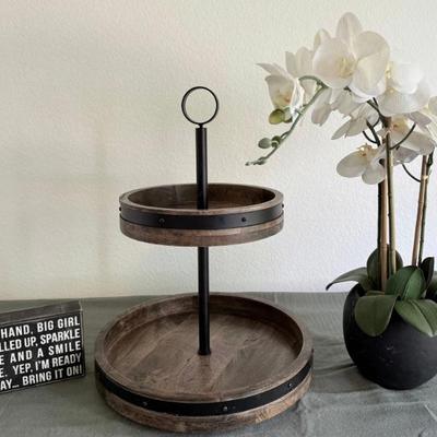 2 Tier Wood Lazy Susan, Wood Plaque, Faux Orchid 