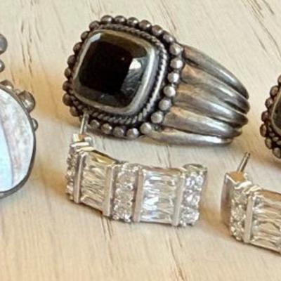 (3) Pairs Of Sterling Silver Earrings - Onyx - Mother Of Pearl And Clear CZ - Total Weight 21.3 Grams