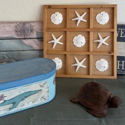 Nautical Theme Decor - Sea Shell Wall Hanging, Plaque, Ironwood Solid Turtle, Metal Anchor, Whale Box