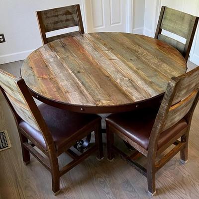 Rustic Metal Banded Dining Table With 4 Matching Chairs