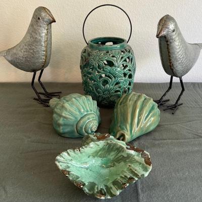 (2) Tin Metal Birds, Teal Jardinière Candle Holder, And Pottery Shells