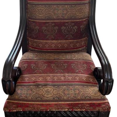Dark Wood Oversized Arm Chair With Tapestry Seat And Back