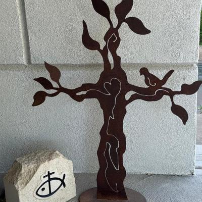 Cut Metal Tree With Bird Outdoor Yard Art With Religious Rock