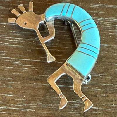 Steve Francisco Navajo Sterling Silver & Turquoise Kokopelli Pendant Pin 