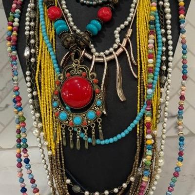 Lot Of Seed Bead And Metal Bead, Wood, Leather, Faux Pearl, And Plastic Necklaces