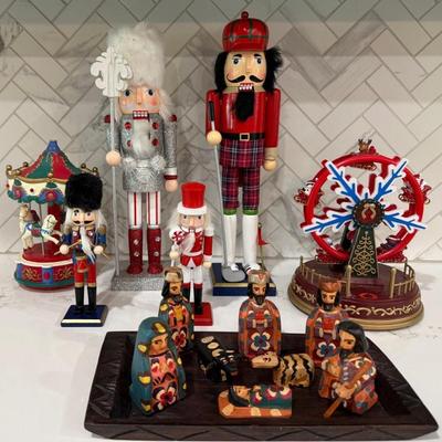(4) Holiday Nut Crackers, (2) Music Boxes, Guatemalan Wooden Nativity Set