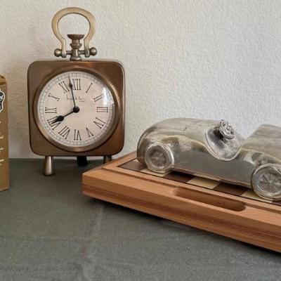 Decor Lot - Wood Chess Board, Aluminum Car, Nicole Miller Clock, Vintage Hard Back Books