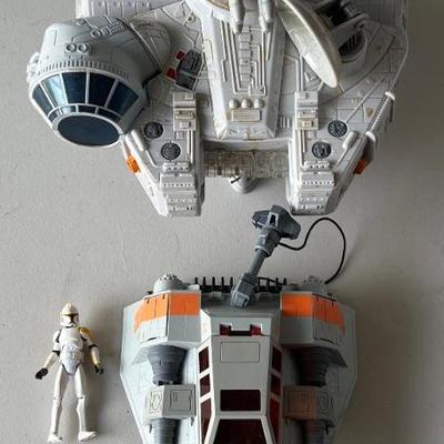 Star Wars - 2009 And 2011 Hasbro Millennium Falcon And Snowspeeder With Clone Trooper Figurine (as Is)