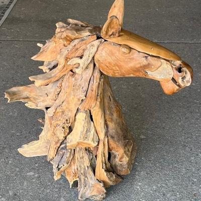 36" Reclaimed Teak Driftwood Horse Head Sculpture