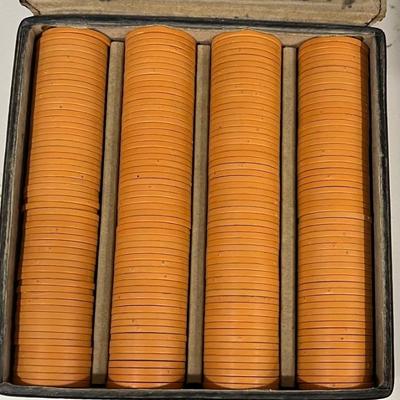 Vintage Set Of Orange Mermaid Pattern Poker Chips In Case