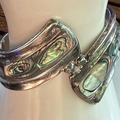 Vintage Mexico Sterling Silver & Abalone Hinged Bangle Bracelet - 54.5 Grams