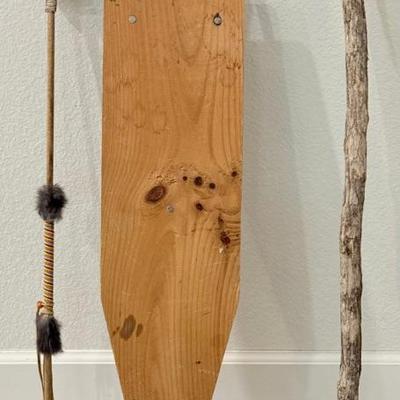 Antique Hand Made Childs Ironing Board, Hillbilly Putter, Seed Bead And Fur Arrow