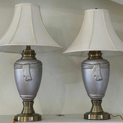 (2) Pottery And Brass Tone Base Table Lamps With White Shades