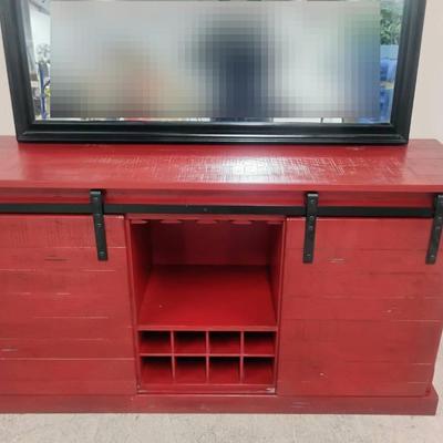 65" Barn Door Farmhouse Wood TV Console in Charred Red, with Large Wall Mirror 