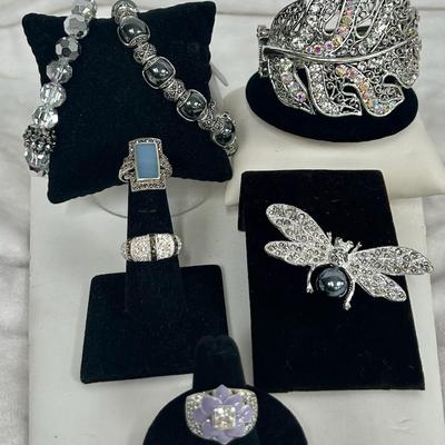 Kirks Folly Crystal Bracelet, Vintage Dragonfly  Brooch And Rings