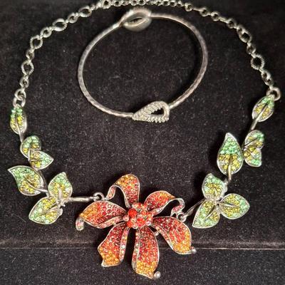 Michael Dawkins Sterling Silver Hammered Bracelet And Kirks Folly Orchid Rhinestone Necklace 