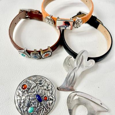 Southwestern Carolyn Pollack Leather Charm Bracelets & Sterling Brooch Pins