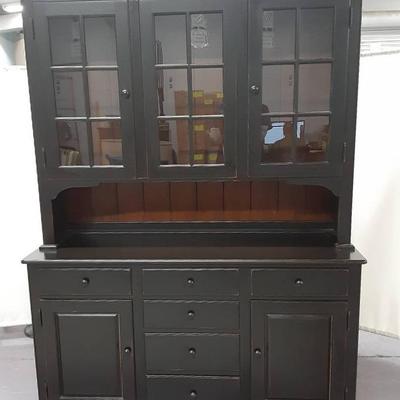 Large Wooden Buffet/Drawer Unit w/Wooden Hutch And Glass Shelving.
