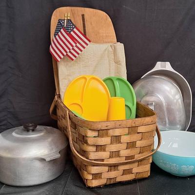 2 Vintage Wagner Ware Cooking Pots, Pyrex Bowl, And Peterboro Picnic Basket